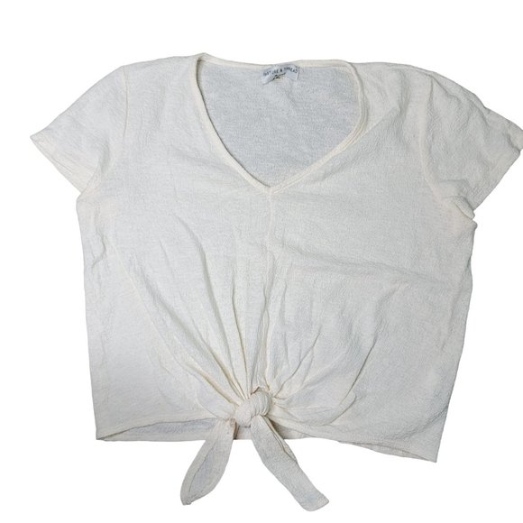 Madewell texture & thread style # j8537 100% cotton cream tie front tee shirt Lg - Picture 1 of 8